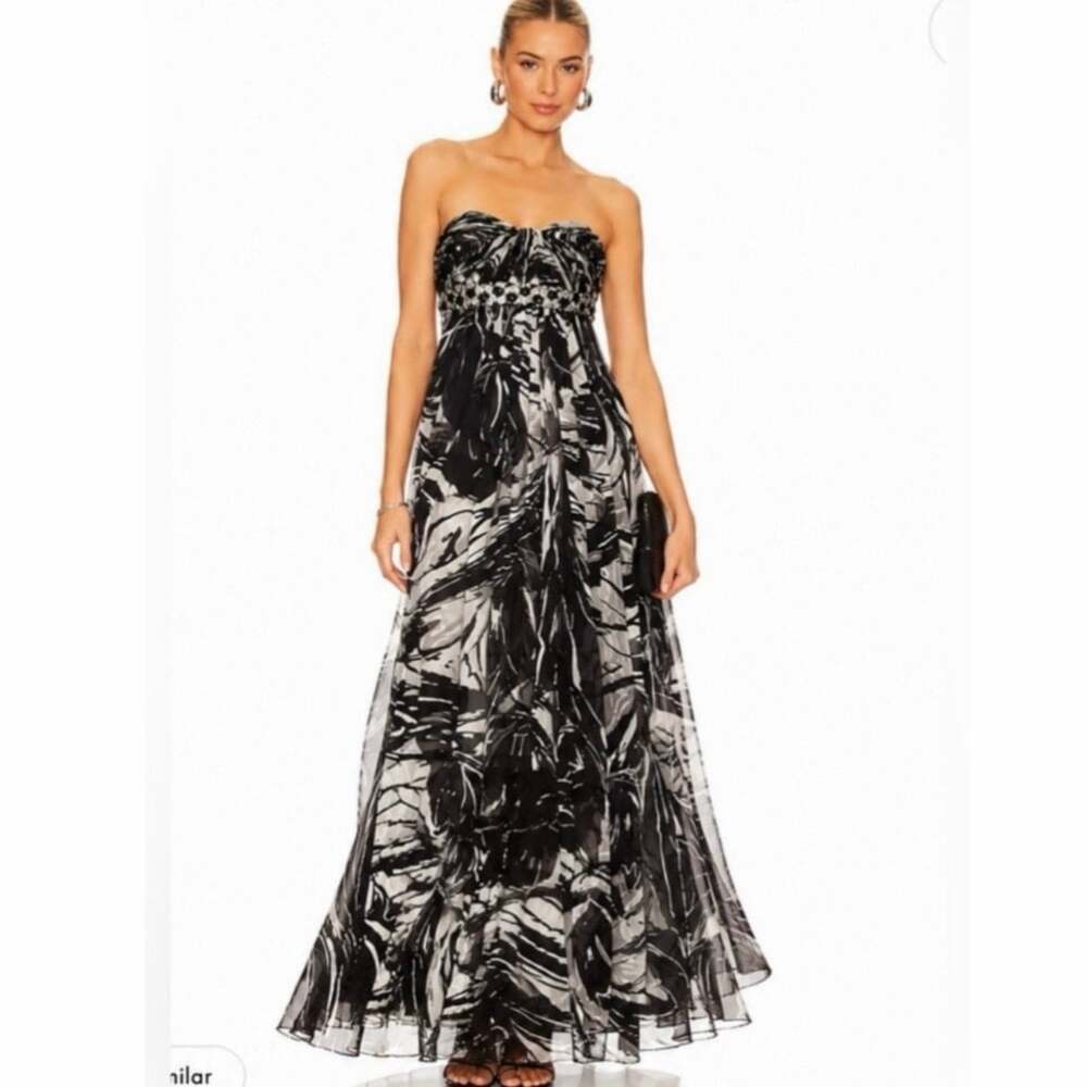 BCBGMAXAZRIA Silk Blend Rhinestone Embellished Maxi Gown Dress 4 Black White